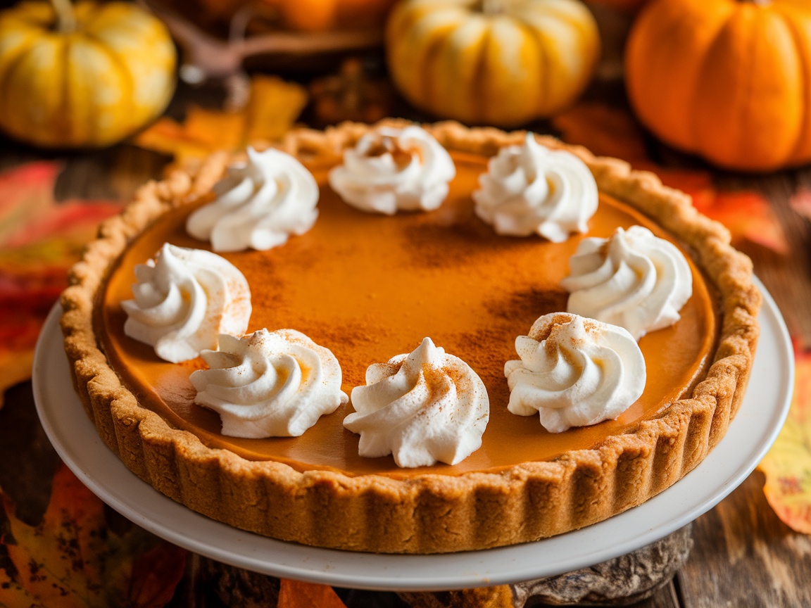 A delicious Vegan Pumpkin Pie with a golden crust and creamy pumpkin filling, garnished with Vegan Whipped Cream, on a rustic table.